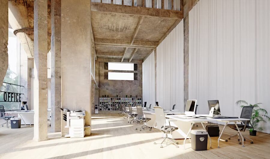 Open space spacieux avec grandes colonnes en béton, murs à effet vieilli, rideaux blancs, lumière naturelle abondante et rangées de bureaux modernes avec ordinateurs.